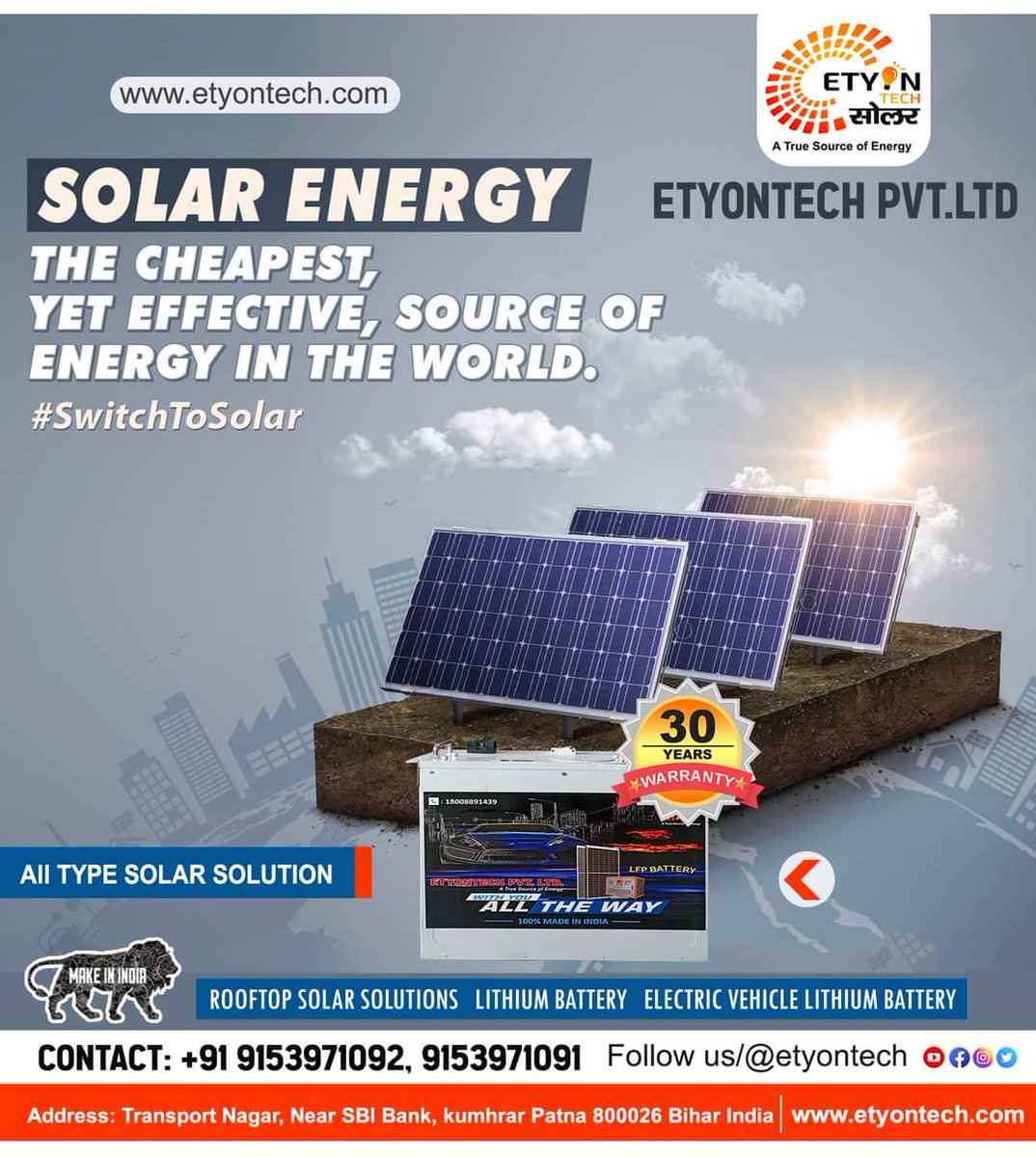 etyontech's tweet photo. solar energythe cheapest yet effective source of 
energy in the world.
#switchtosolar
.
.
अधिक जानकारी के लिए संपर्क करें।
📞 Contact: 091539 71092, 9153971091
Etyontech https://t.co/HM60zqMGo6.
https://t.co/GvLujiU0oJ
https://t.co/VtOA3qhP0V
🌐 https://t.co/o8SBuRtipw https://t.co/YIsh0DLSv8