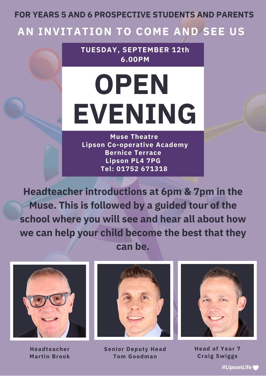 LipsonAcademy's tweet photo. We are looking forward to welcoming parents and carers of primary school Y5 and Y6 to the Academy tomorrow for an Open Evening for prospective students

After an introduction from head Martin Brook, you can question staff and enjoy a full tour

Two starts - 6 &amp; 7pm

#LipsonLife💙 https://t.co/IqdVxEA6KA