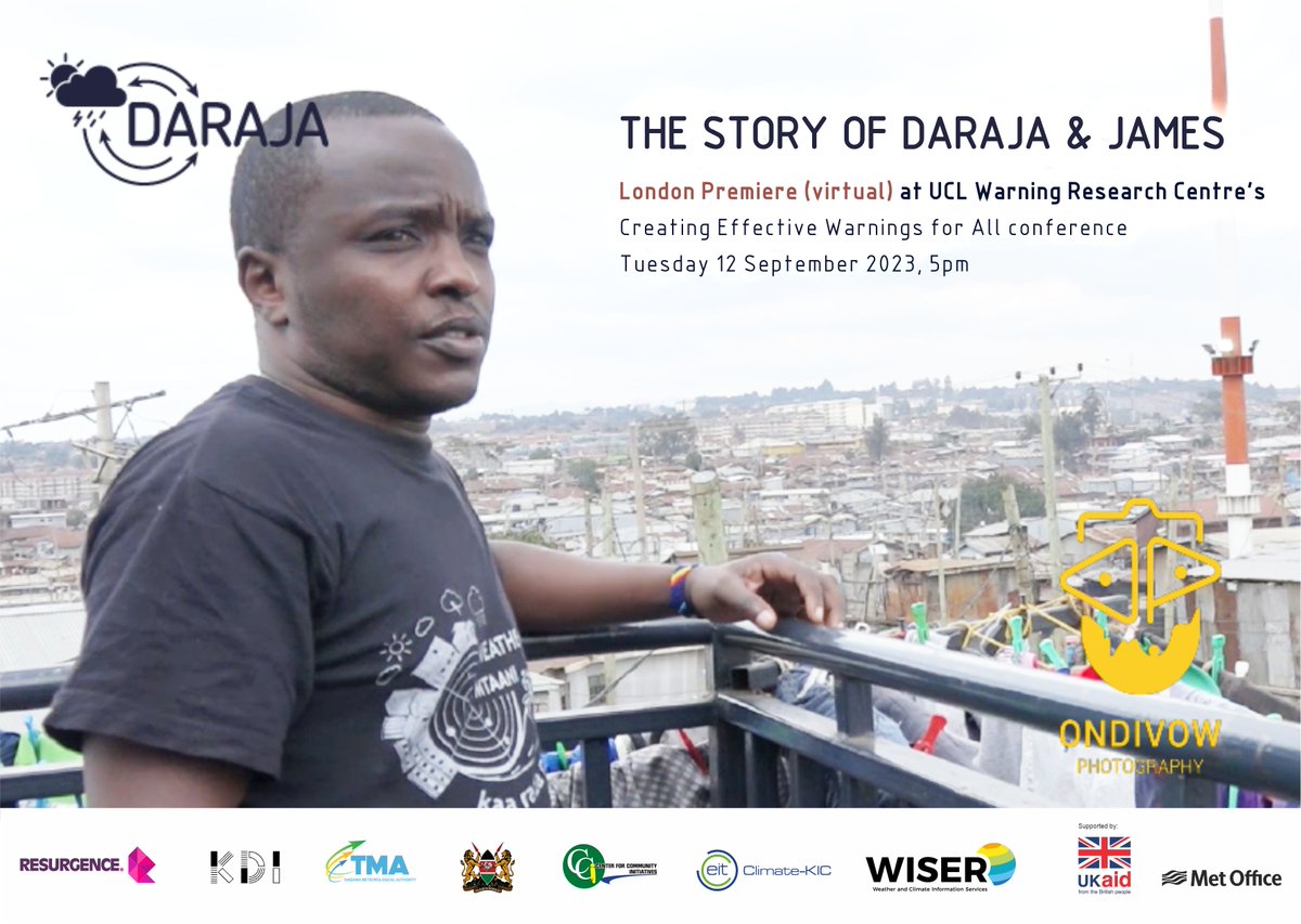 📽️Our #UKaid WISER DARAJA film: The Story of James &amp; DARAJA has its London premiere tomorrow, at this week's <a href="/UCLWRC/">UCL Warning Research Centre</a> Creating Effective Warnings for All conference!

Panel reviewing the film: <a href="/CommunityJameel/">Community Jameel</a> <a href="/wmo/">World Meteorological Organization</a> @CREWSinitiative <a href="/metoffice/">Met Office</a> <a href="/BritishRedCross/">British Red Cross 🧡</a> 

#EWEA #UCLWRC23