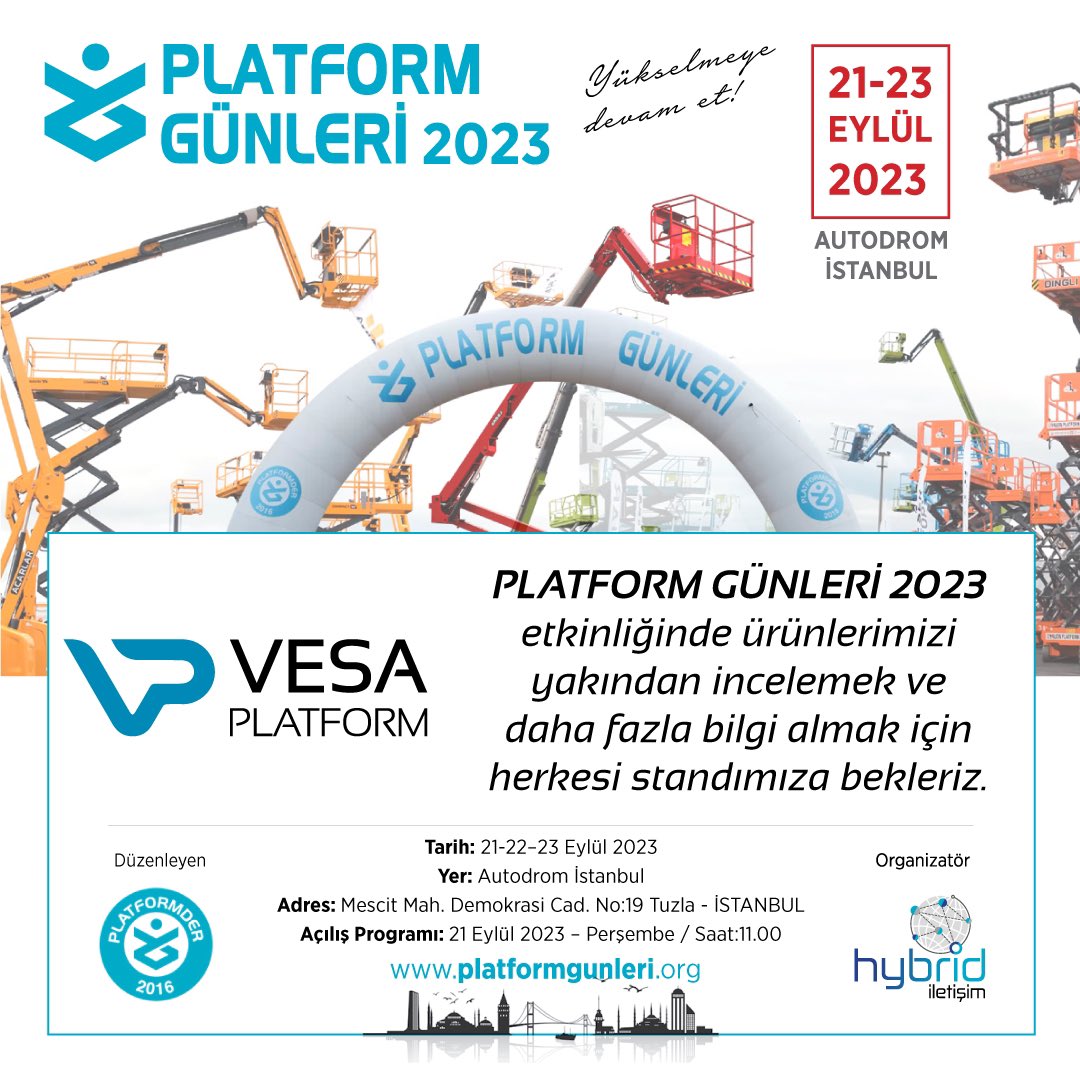 PLATFORM GÜNLERİ 2023 etkinliğinde ürünlerimizi yakından incelemek ve daha fazla bilgi almak için herkesi standımıza bekliyoruz.

Stant No: 11

#örümcek #platform #vesaplatform #yerliüretim #personelyukselticiplatform #pyp #manlift #platformGunleri2023