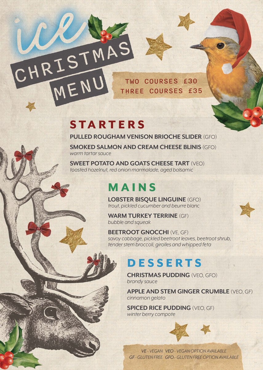 ICEsuffolk's tweet photo. We are excited to share our festive menus for Christmas and New Yearβs Eve!
Take a look at them on https://t.co/2QvMvFYUNP.
01359 270102 or enquiries@ice.restaurant for table bookings and NYE tickets.
#christmasmenu #festivefood #newyearseve #menuspecials #nye https://t.co/PkDw5HPdPg
