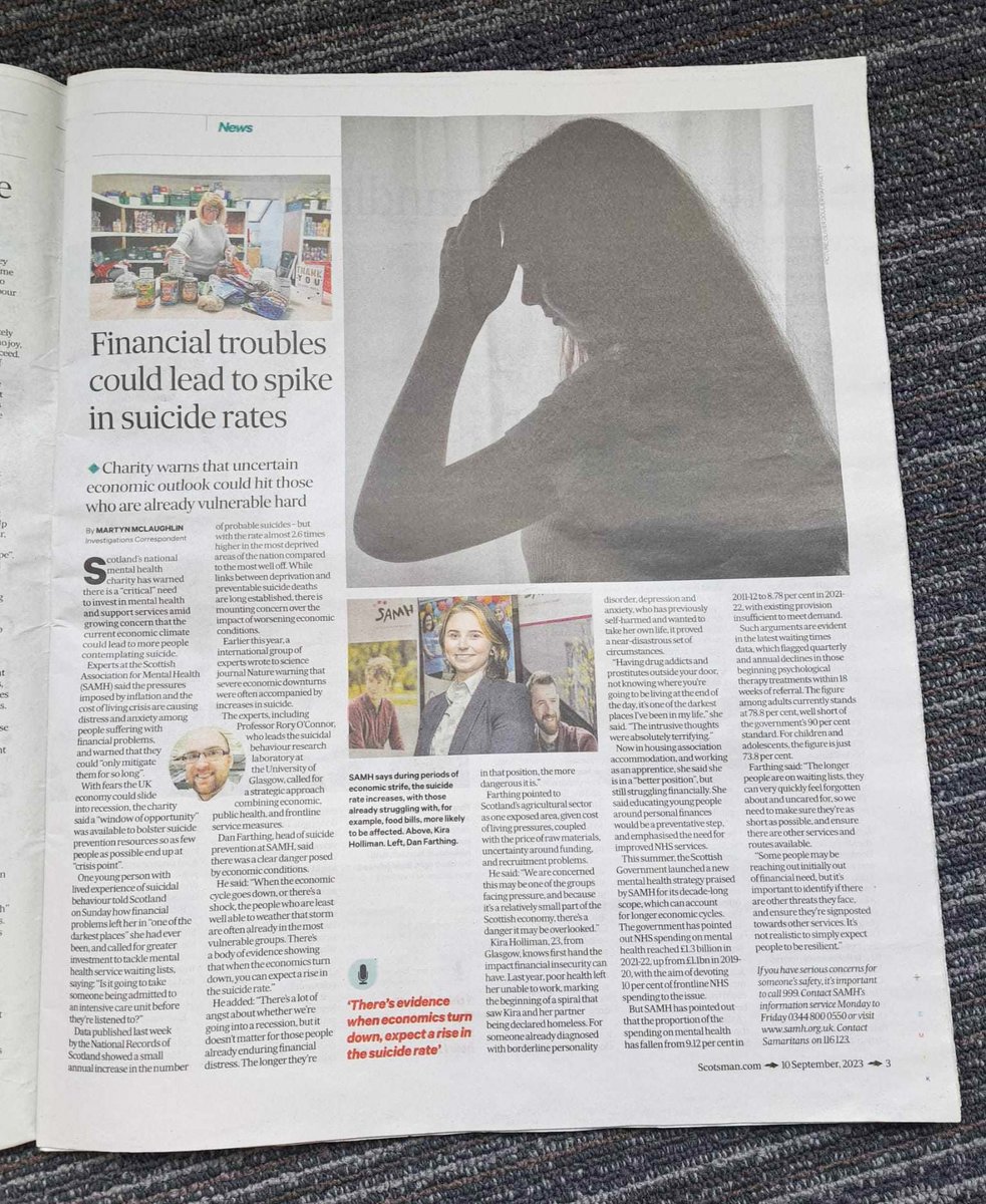 "It’s not realistic to simply expect people to be resilient.” 💬

Our media volunteer, Kira Holliman, and <a href="/Dan_SAMH/">Dan Farthing</a> spoke to <a href="/MartynMcL/">Martyn McLaughlin</a> about the disproportionate impact financial struggles have on suicide rates and its effect on those most vulnerable.

scotsman.com/business/consu…