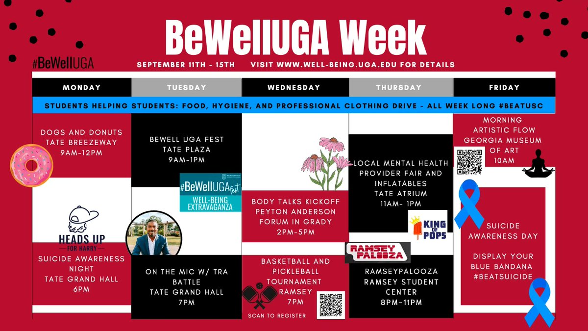 UGARecSports's tweet photo. #BeWellUGA Week starts TODAY‼️ All week, we will be focusing on the 5 dimensions of student well-being (purpose, social, community, physical, and financial) through different, fun events. Check out the calendar below for an overview of this week's events! 🗓️ https://t.co/btyxxon2d5