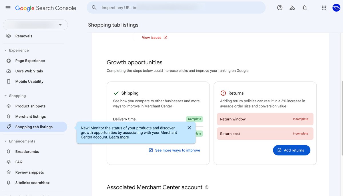 brodieseo's tweet photo. Whoa, a new report just launched in Google Search Console! Within the 'Shopping tab listings' report (previously empty), it now tells you how many products can appear. Apparently it'll start showing opportunities for getting more clicks/rankings soon! https://t.co/F7dqf1Ikes https://t.co/cKPE195BKV