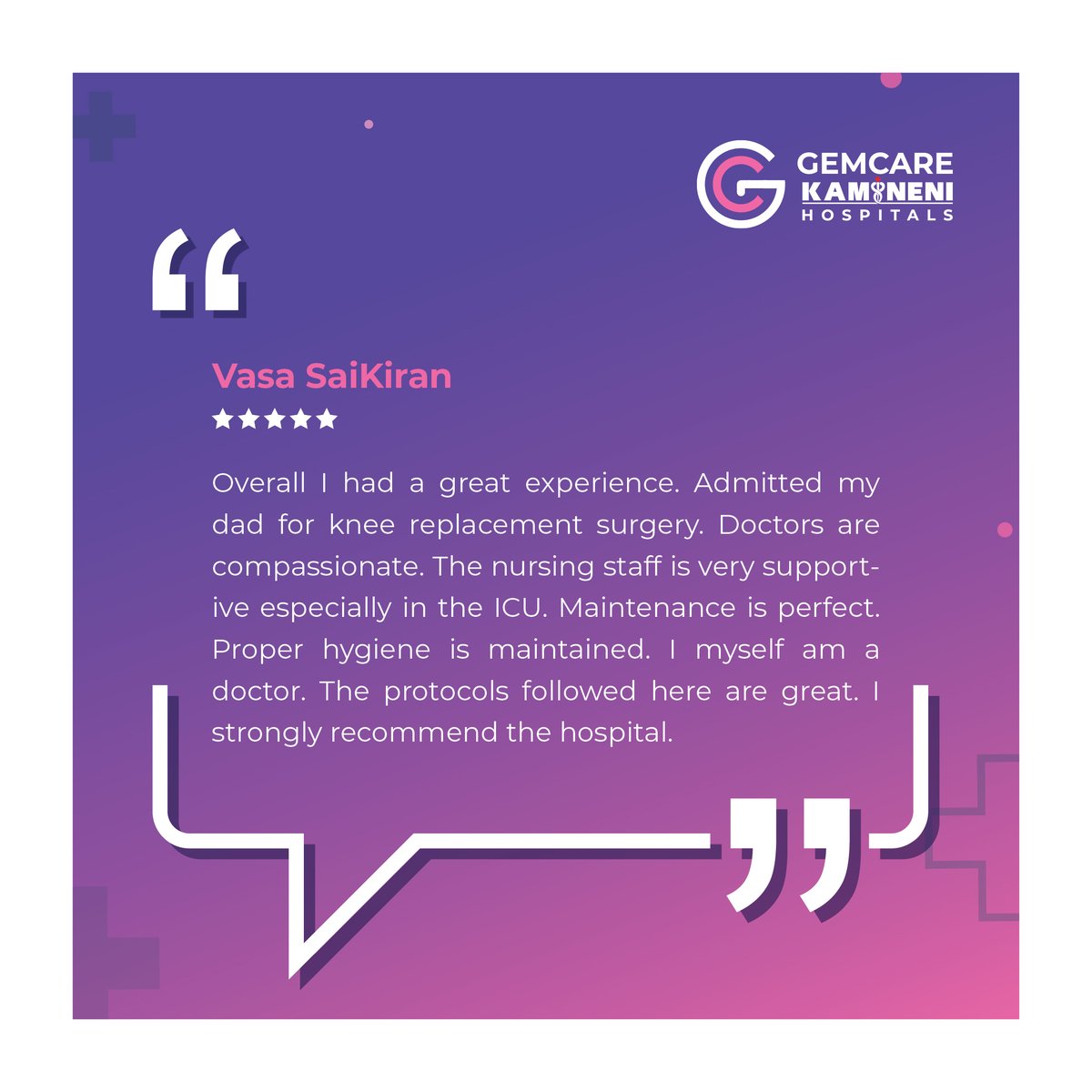 GemcareHospital's tweet photo. Thank you for your valuable feedback, Mr. Vasa Saikiran.

Know more about us at https://t.co/q6D2goVmzy

#Gemcare #gemcarehospitals #kurnool #cancerhospitals #healthcare #hospitals #health #multispecialityhospitals https://t.co/Spxy5JIgSQ