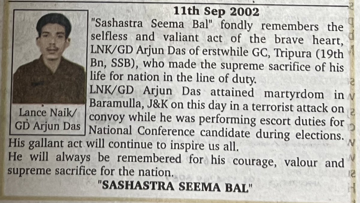priority_n's tweet photo. #LestWeForgetIndia 21 years ago to defend the integrity of the Nation and we all, He gave his all.  Homage to

LANCE NAIK/GD ARJUN DAS
#19BN @SSB_INDIA 

who was Immortalized in Baramulla on Sept 11, 2002. Remembering him on his Balidan Diwas today.

#KnowYourHeroes https://t.co/MThxVW7ofA