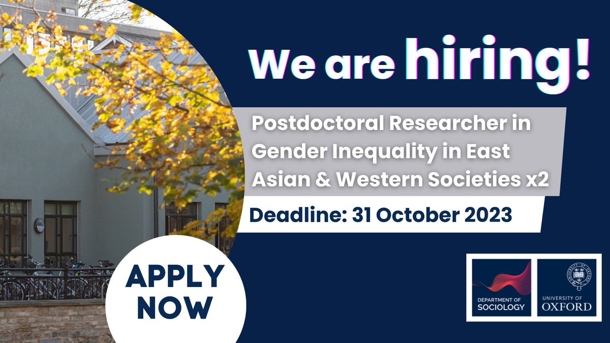 🚨 Job alert! 🚨 Prof @manyeekan is looking for 2x Postdoc Researchers to work on her GENTIME project, looking at #gender inequalities in time use across East Asian and Western countries. 📅 Apply by 12:00, 31 Oct 2023 Find out more ➡️ sociology.ox.ac.uk/article/postdo…