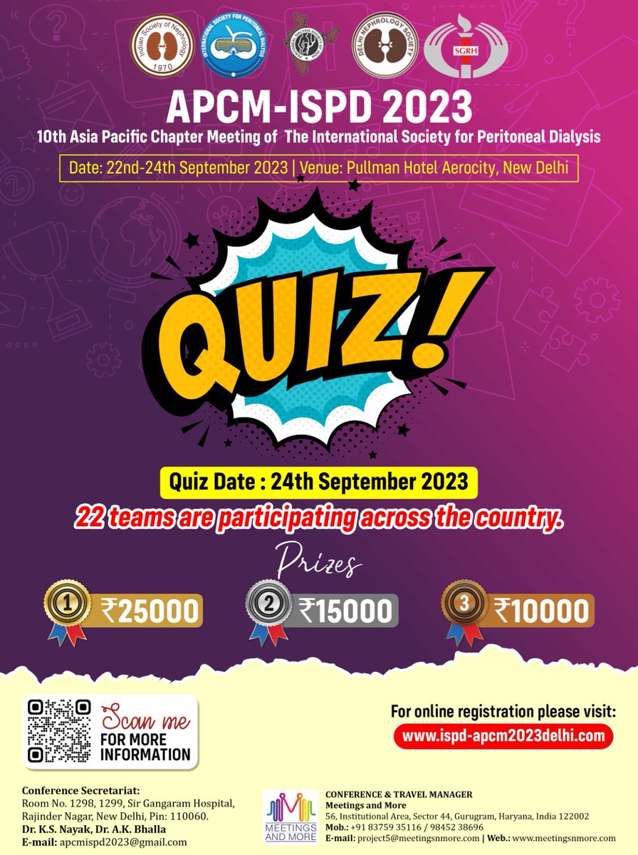 Dear Colleagues,
  
Register for APCM - ISPD 2023 to win Exciting prizes for Quiz.
         
For more information: ispd-apcm2023delhi.com
For registration: ispd-apcm2023delhi.com/registration.p…………    

 #ispd23 #conference #kidney #nephrology #peritonealdialysis