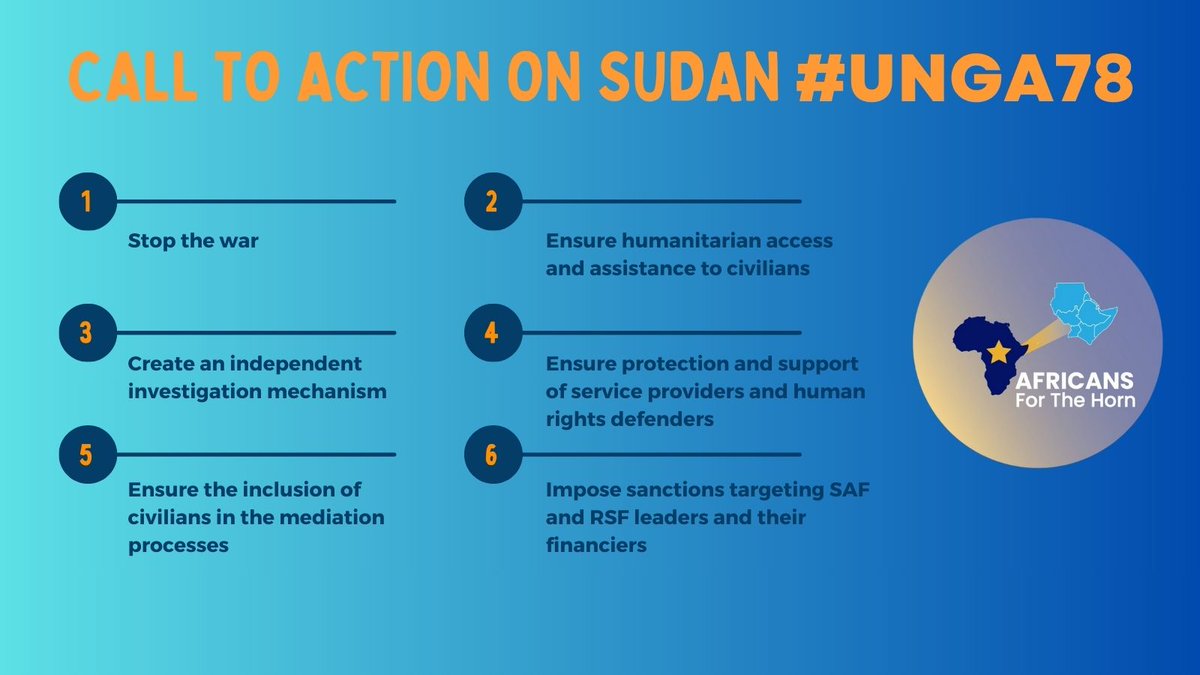 📢#InSolidarityWithSudan

This week <a href="/Af4HA/">Africans for the Horn of Africa Af4HA</a> together with #Sudanese civic actors will be engaging the int'l community in #NewYork to push for a more effective international response on the #Sudan #conflict.

#Af4HAatUNGA2023  
#UNGA78   

Our African Advocacy Mission on #Sudan