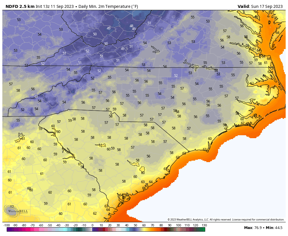 Current forecast low temperatures this Friday through Sunday morning below. 

We are blessed to have another September where we are getting cold fronts. This month is always a coin flip. This will be our 2nd cold front of the month to deliver that Early Fall feel.
