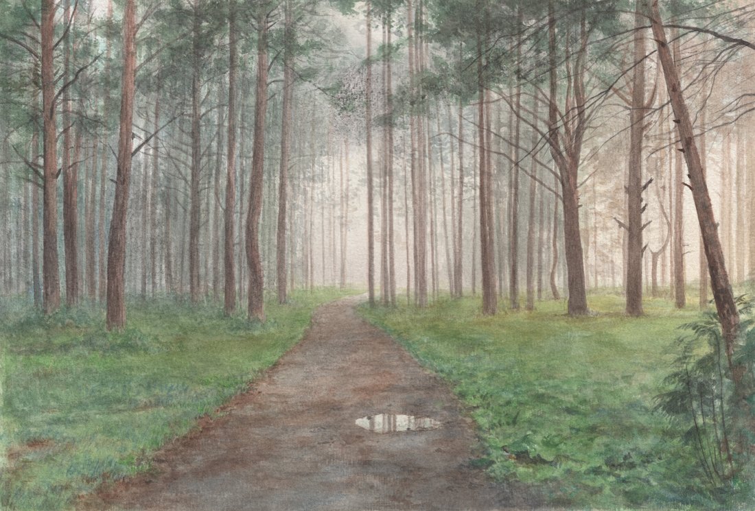 My new watercolor. 13,5*10 in.

#watercolor #watercolour #Watercolourpainting #foggyforest #road #trees #mist #morning #sunrise