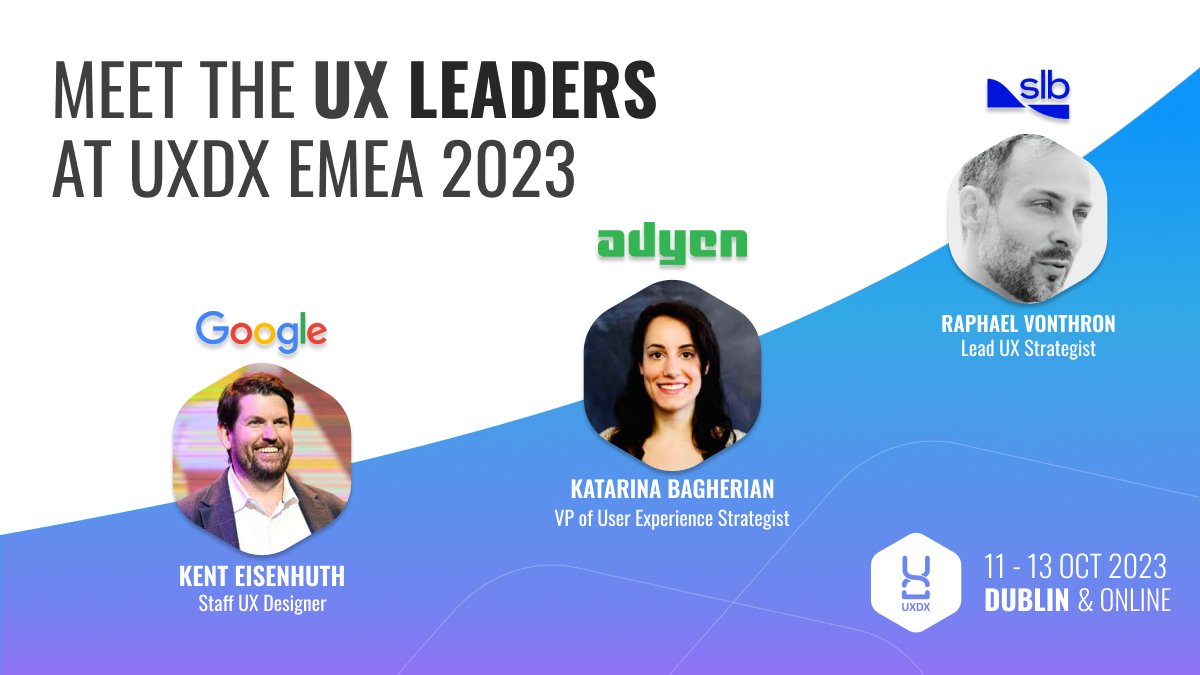 Meet the #UX pros lighting up #EMEAglobalconference2023! 🎉

🌟 @KentTheHuth ( @Google )
🌟 @KatBagherian ( @Adyen )
🌟 Raphael Vonthron (slb)

Get ready for a UX journey full of game-changing tactics! 🚀 What's your top UX challenge? Reply & let's discuss! 🎤
