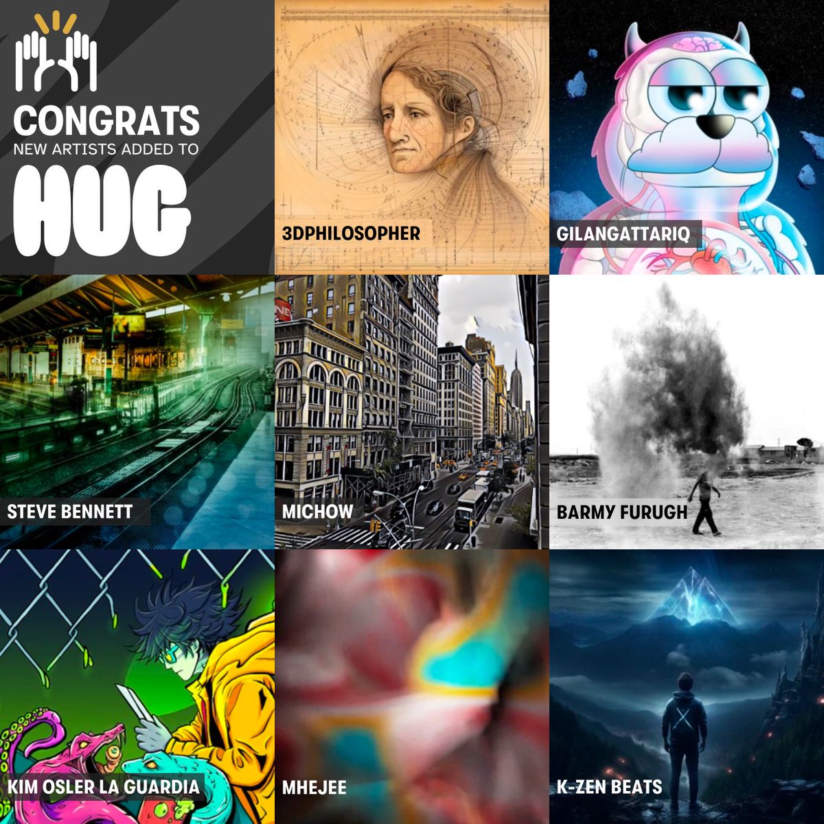 HUG 🤗 | Get Your Free .ART Domain (@thehugxyz) on Twitter photo We are elated to welcome & congratulate the newest artists curated to HUG 🎊
@3dphilosopher
@gilangattariq
<a href="/sjbennettvisual/">Steve Bennett, Lens-Based Visual Artist</a>
<a href="/dartdisco/">🎯 dart</a>
<a href="/furughashkanian/">Barmy Furugh</a>
@oz_kkkk
@mhejee
@kzenbeats
We can't wait to help you go further on your journey as an artist 🤗✨ We are elated to welcome & congratulate the newest artists curated to HUG 🎊
@3dphilosopher
@gilangattariq
<a href="/sjbennettvisual/">Steve Bennett, Lens-Based Visual Artist</a>
<a href="/dartdisco/">🎯 dart</a>
<a href="/furughashkanian/">Barmy Furugh</a>
@oz_kkkk
@mhejee
@kzenbeats
We can't wait to help you go further on your journey as an artist 🤗✨