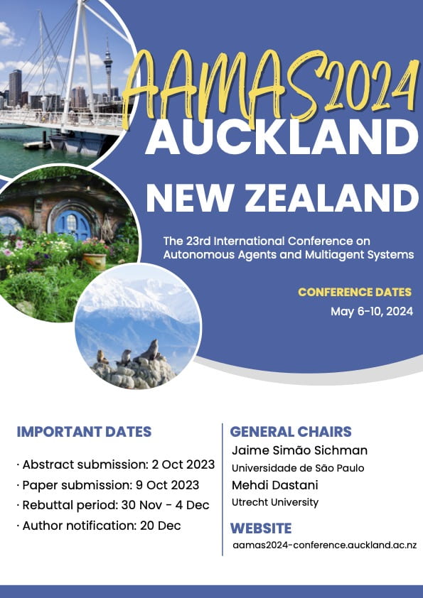 The AAMAS Conference (@aamasconf) on Twitter photo 📢 The submission deadline is approaching! This is the 2nd CFP for #AAMAS2024: We invite you to submit your best work in the area of agents and multiagent systems—and to join us in Auckland next May! Abstract submission: 2 Oct 2023, full paper: 9 Oct 2023 aamas2024-conference.auckland.ac.nz/calls/call-for… 📢 The submission deadline is approaching! This is the 2nd CFP for #AAMAS2024: We invite you to submit your best work in the area of agents and multiagent systems—and to join us in Auckland next May! Abstract submission: 2 Oct 2023, full paper: 9 Oct 2023 aamas2024-conference.auckland.ac.nz/calls/call-for…