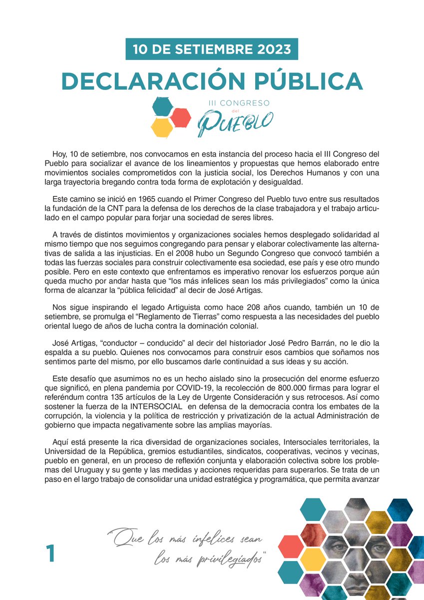 IntersocialUY's tweet photo. PRESENTACIÓN PÚBLICA · III CONGRESO DEL PUEBLO
AVANCES PROGRAMÁTICOS · PRIMERA ETAPA 

Declaración pública aprobada por aclamación y leída por el compañero Pepe Vázquez https://t.co/YObgjyK6xc