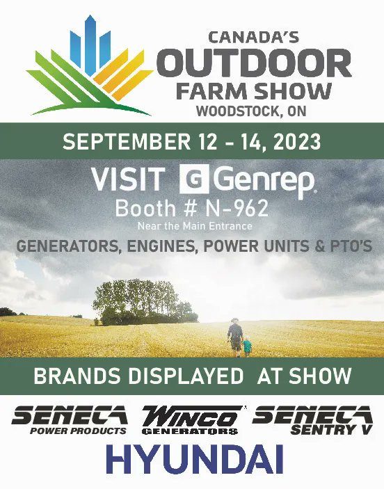 🌾🚜The Canada Outdoor Farm Show start TOMORROW!! 

Visit Genrep at Booth #N-962 for exclusive limited-time specials/savings.

ON DISPLAY! 

- 1Hyundai G2 Industrial Engine Tier 4 Lineup 

- 60kW Winco Generator

- 40kW generator 

- 280HP Power Unit Tier 4 

- 20kW generator