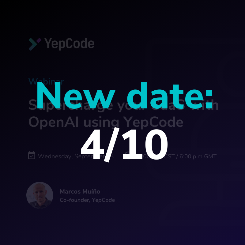 yepcode_io's tweet photo. π’ IMPORTANT UPDATE π
Our #webinar on how to add new features to your #SaaS with #AI and #YepCode has a new date! Due to unforeseen circumstances, we are rescheduling to Wednesday 4/10. Same time. Get ready to supercharge your development process. π Join us down here! ππ»