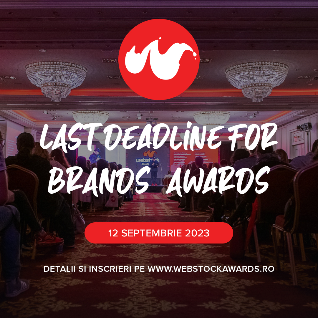 🚨 Perioada de inscriere in competitia Webstock Awards 2023, sectiunea Brands, se incheie marti, 12 septembrie, ora 18:00. Profita de timpul ramas si asigura-te ca ai propus proiectele si campaniile creative realizate in ultimul an. 👉 webstockawards.ro #webstockro