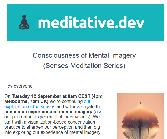 meditative_dev's tweet photo. Join us this Tuesday for the ongoing senses series, this time on mental imagery. To do so head to our website @ https://t.co/7n4xnYMysq…… and join our mailing list (which you can always unsubscribe from afterwards if you wish) to get the Zoom link. https://t.co/VlFVAy50HH