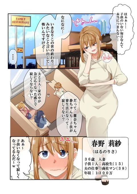「NTR×ママ活 ー人妻わからせ調教編ー」

春野 莉紗(はるの りさ)

36歳、人妻。
夫とはマンネリ状態で子供も家を出てしまい、
刺激のない毎日を過ごしている。
そんな中、ママ友に勧められてママ活アプリを始めてしまい… 