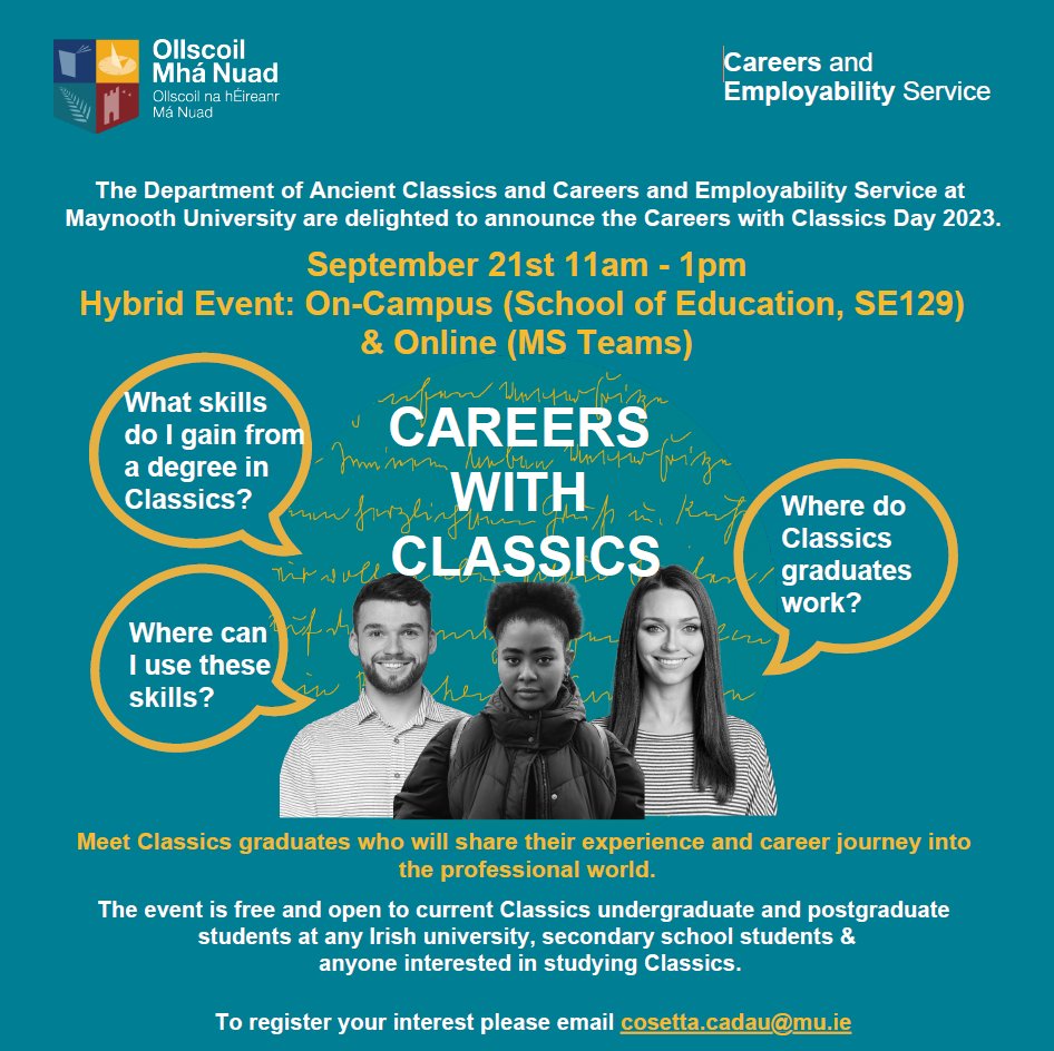 UCD Classics (@classicsucd) on Twitter photo What skills can I learn with a Classics degree? And what careers can I pursue afterwards? Come along to this year's Careers with Classics (hybrid event), hosted by our <a href="/MU_Classics/">Maynooth Classics</a> colleagues, to find out! More information below 👇🏽 What skills can I learn with a Classics degree? And what careers can I pursue afterwards? Come along to this year's Careers with Classics (hybrid event), hosted by our <a href="/MU_Classics/">Maynooth Classics</a> colleagues, to find out! More information below 👇🏽