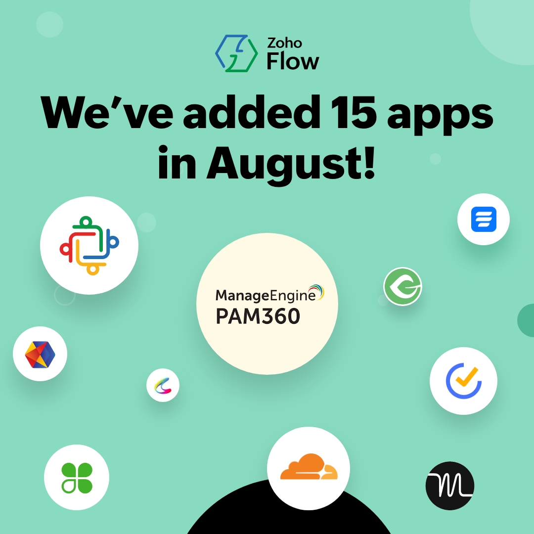 ZohoFlow's tweet photo. We added Zoho TeamInbox, PAM360, Cloudflare, TickTick, Clover, Motion, and more to our app gallery in August. Check out all the new apps and start creating flows today! https://t.co/DknPEfxHVM 

#Zoho #ZohoFlow https://t.co/kWAT1BwTsu