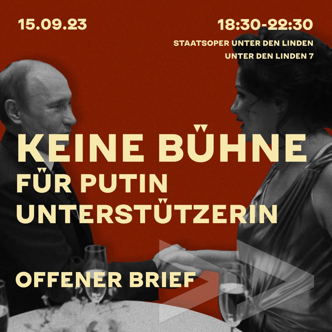 VitscheBerlin's tweet photo. 📩 OFFENER BRIEF: Keine Bühne für Anna Netrebko!

Mit diesem Brief möchten Vitsche e.V. und die Bürgerinitiative INFRA, sowie alle Unterzeichner*innen, unseren Protest gegen die geplanten Auftritte von Anna Netrebko in der Staatsoper Berlin ab 15. September zum Ausdruck bringen. https://t.co/40ZEHE6ljZ
