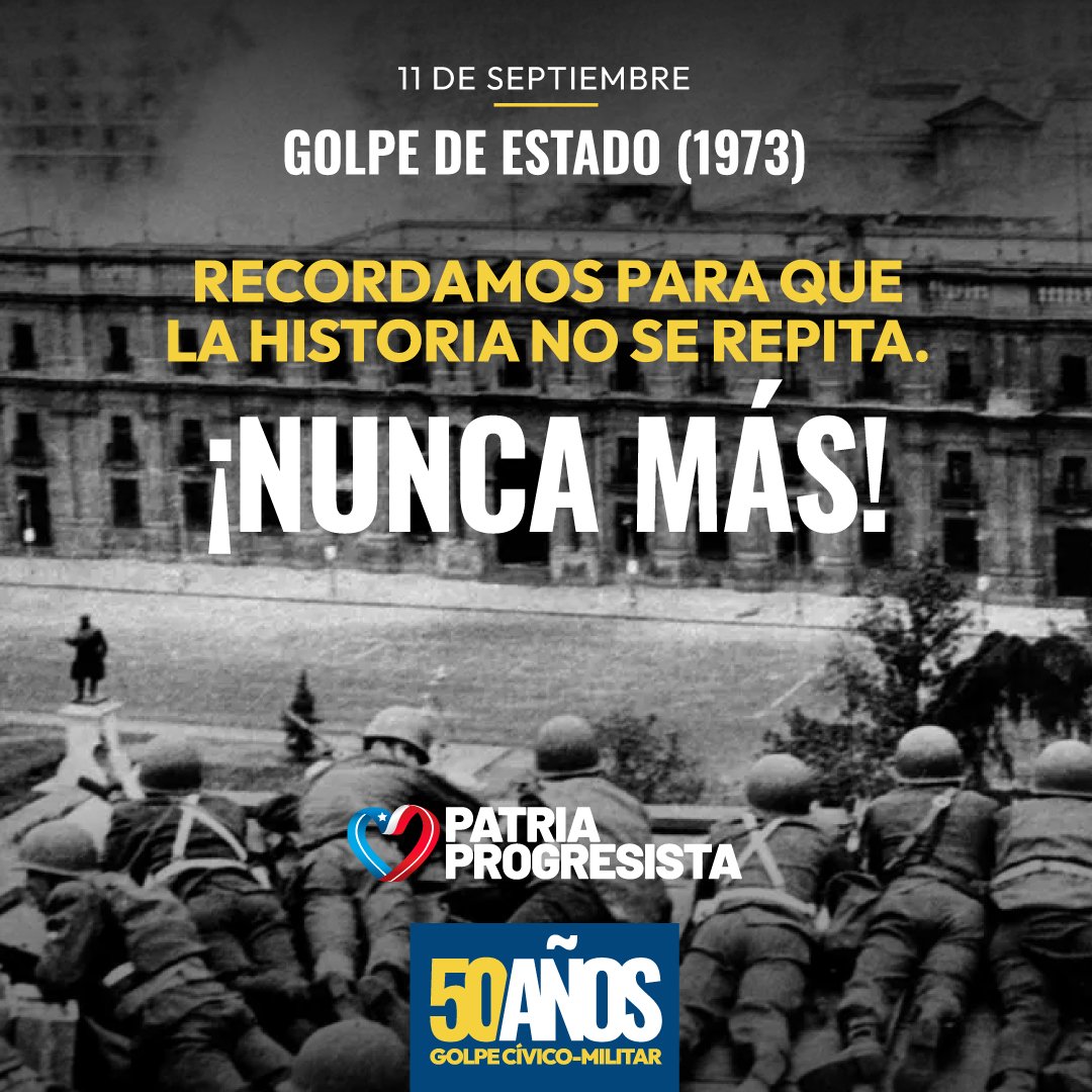 progresistas_cl's tweet photo. Recordamos para que la historia no se repita. ¡Nunca más!

#11Septiembre
#50AnosDelGolpe https://t.co/DB0uMDBrCD