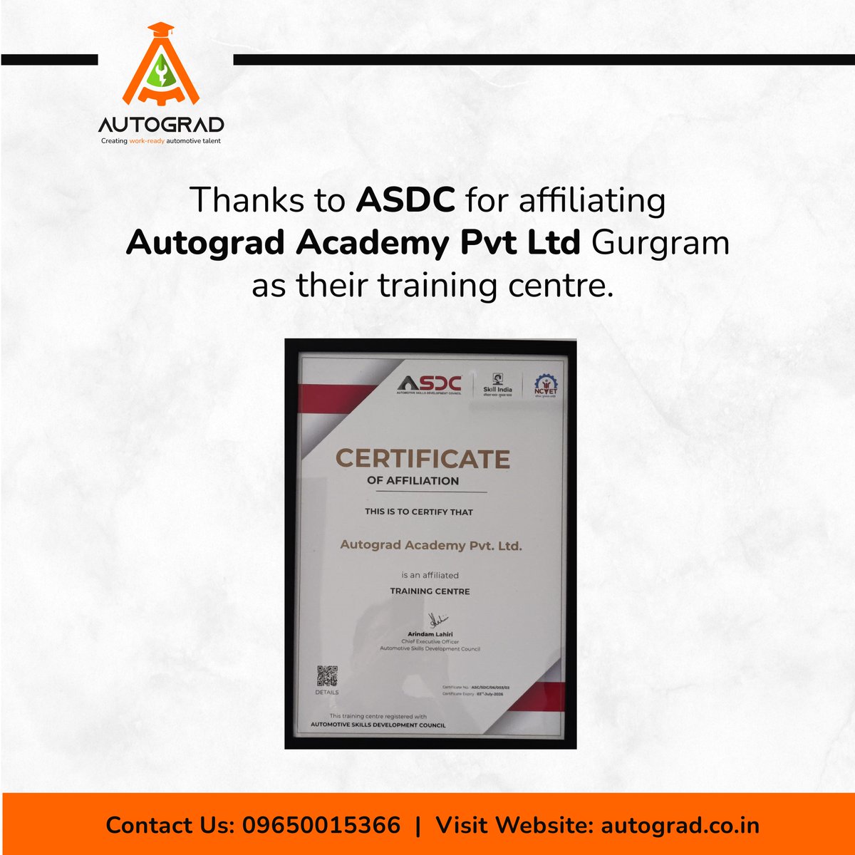 AutogradAcadmy's tweet image. Thanks to ASDC for affiliating Autograd Academy Pvt Ltd Gurgram as their training centre.
.
.
#Autograd #AutogradAcademy #AutomotiveIndustry #ASDC #ASDCCertified #CareerGrowth #CareerOpportunity #TrainingAndPlacement #ITIStudents #careergrowth