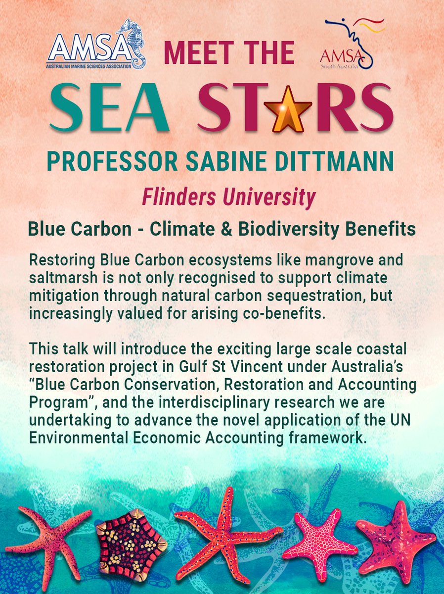 Come & meet the Sea Stars at Flinders University this Thursday 14 September! Professor Sabine Dittmann will be presenting on Blue Carbon - Climate & Biodiversity Benefits 🌊🌿📊 Tickets are still available but are going quickly: bit.ly/3Kzuy8U