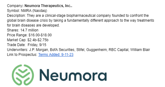 IPOBoutique's tweet photo. Biopharm to confront the global brain disease crisis, Neumora Therapeutics, Inc., sets terms for its #IPO.

Shares: 14.7 million
Price Range: $16.00-$18.00
Market Cap: $2.4b-$2.75b
Trade Date:  Friday, 9/15

Link to $NMRA S-1:  https://t.co/ibMmhUudE8 https://t.co/AtJq0fRXhd