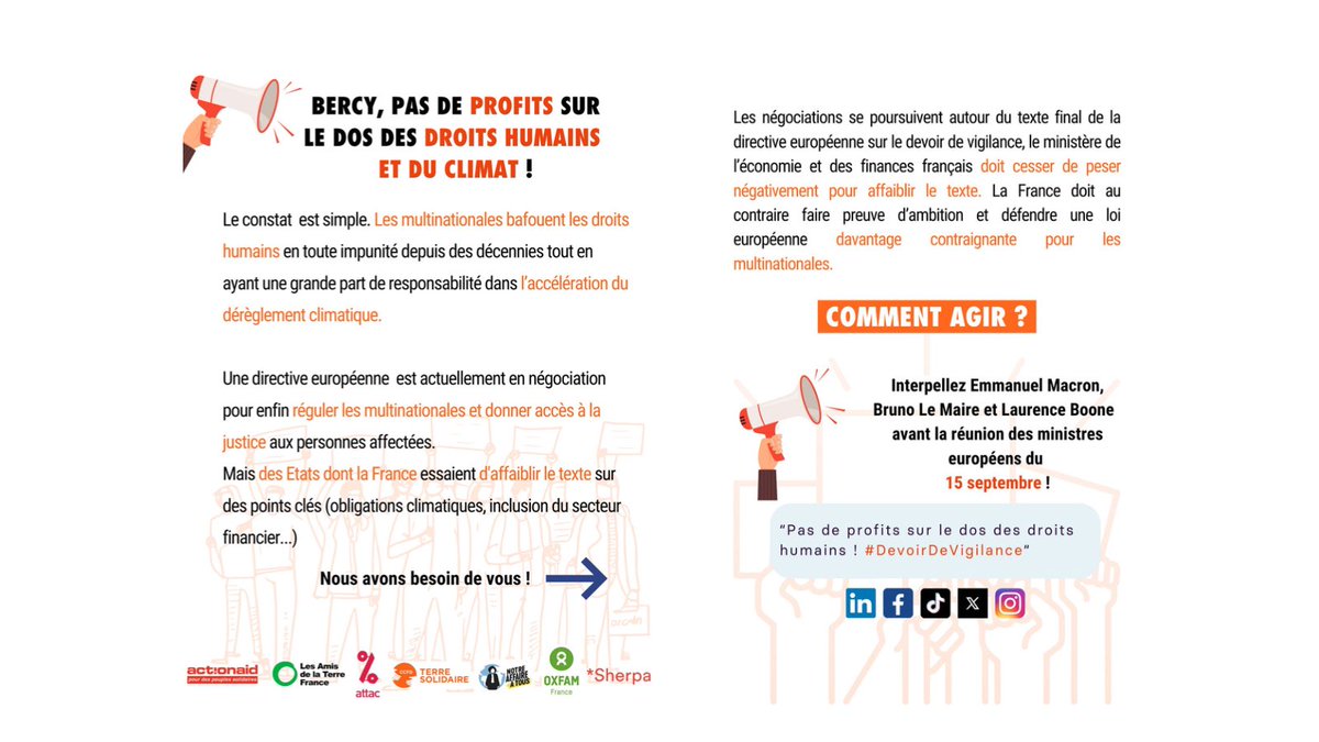 ccfd_tsolidaire's tweet image. Rendez-vous dans une heure devant Bercy pour demander à @Economie_Gouv d&apos;arrêter d&apos;affaiblir la directive sur le #DevoirDeVigilance des entreprises ! Nous serons présents avec @amisdelaterre @PSo_ActionAid @NotreAffaire @oxfamfrance @Asso_Sherpa @attac_fr