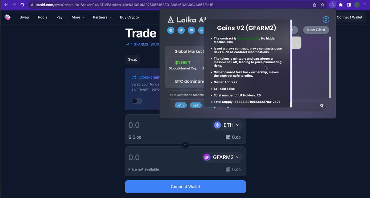 Laika_ai's tweet photo. "🔍 Did you know? With Laika AI, you can analyze any Token contract on @SushiSwap  directly and stay safe &amp; secure in the world of crypto trading.

 🚀 Your peace of mind matters. 
 #CryptoSafety #SmartContractAnalysis"

Download Extension Here - https://t.co/rxLvxo7Kk6 https://t.co/EVCwPDRZhB