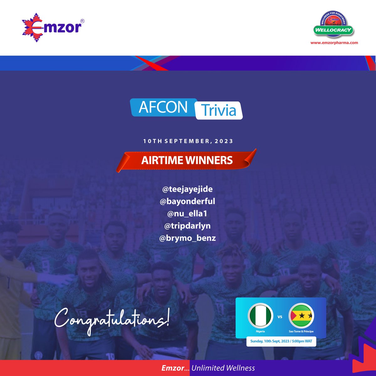 emzornigeria's tweet photo. 🏆 WINNER ANNOUNCEMENT 🏆
We are thrilled to announce the winners of our Trivia Questions.
After reviewing the entries from our amazing followers, it's time to reveal the lucky winners of our Trivia Questions for Day 3. 🙌
#EmzorAfconTrivia
#EmzorPredictandWin
#AfconPredictandWin https://t.co/JpScwb2jrR