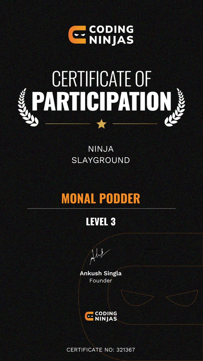 monal_podder's tweet image. Delighted to share that I have successfully completed the 21 days Ninja SlayGround challenge organized by @CodingNinjasOff and @drinkslaycoffee 

#NinjaSlayground #CodingNinjasStudio