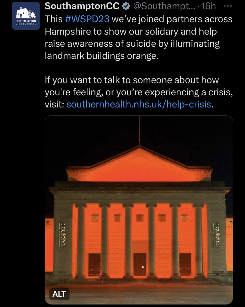 David012106's tweet image. The fuck does this do!?
Why orange? At least make it green for Samaritans. How about blood-red or a lovely noose-yellow. The possibilities are endless. #NoOneCares #LipService #EmptyGestures