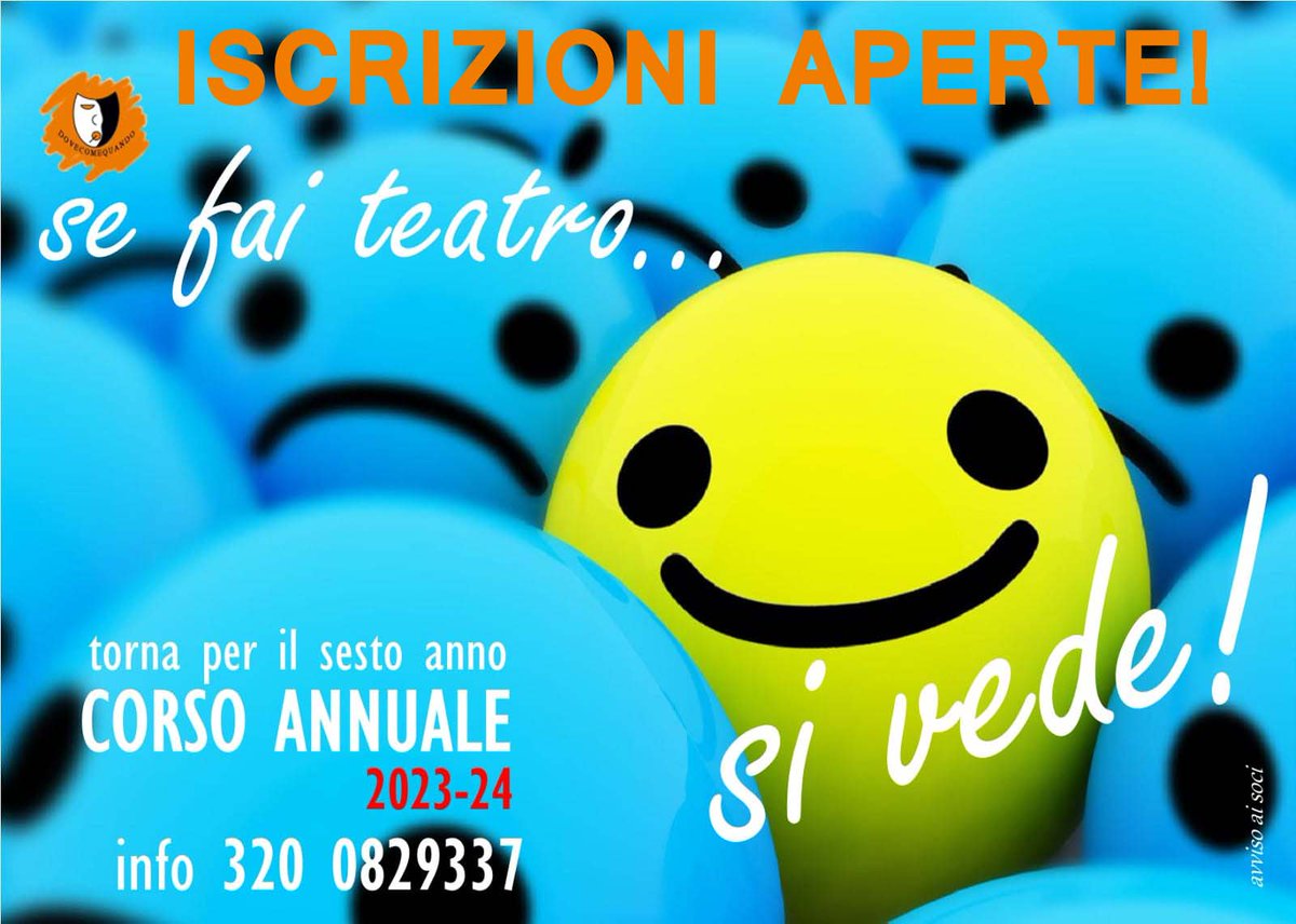 LABORATORIOdiTEATRO #Roma 
SE FAI TEATRO...SI VEDE!
Iscrizioni aperte-Partenza #OTTOBRE
Corpo🔶Voce🔷Improvvisazione🔶SpettacoloFinale
Per Adulti Ragazzi Bambini/Via Silvano15 
ProvaGratuita🔷PrenotazioneObbligatoria
Info@dovecomequando.net dovecomequando.net 
#corso #Teatro