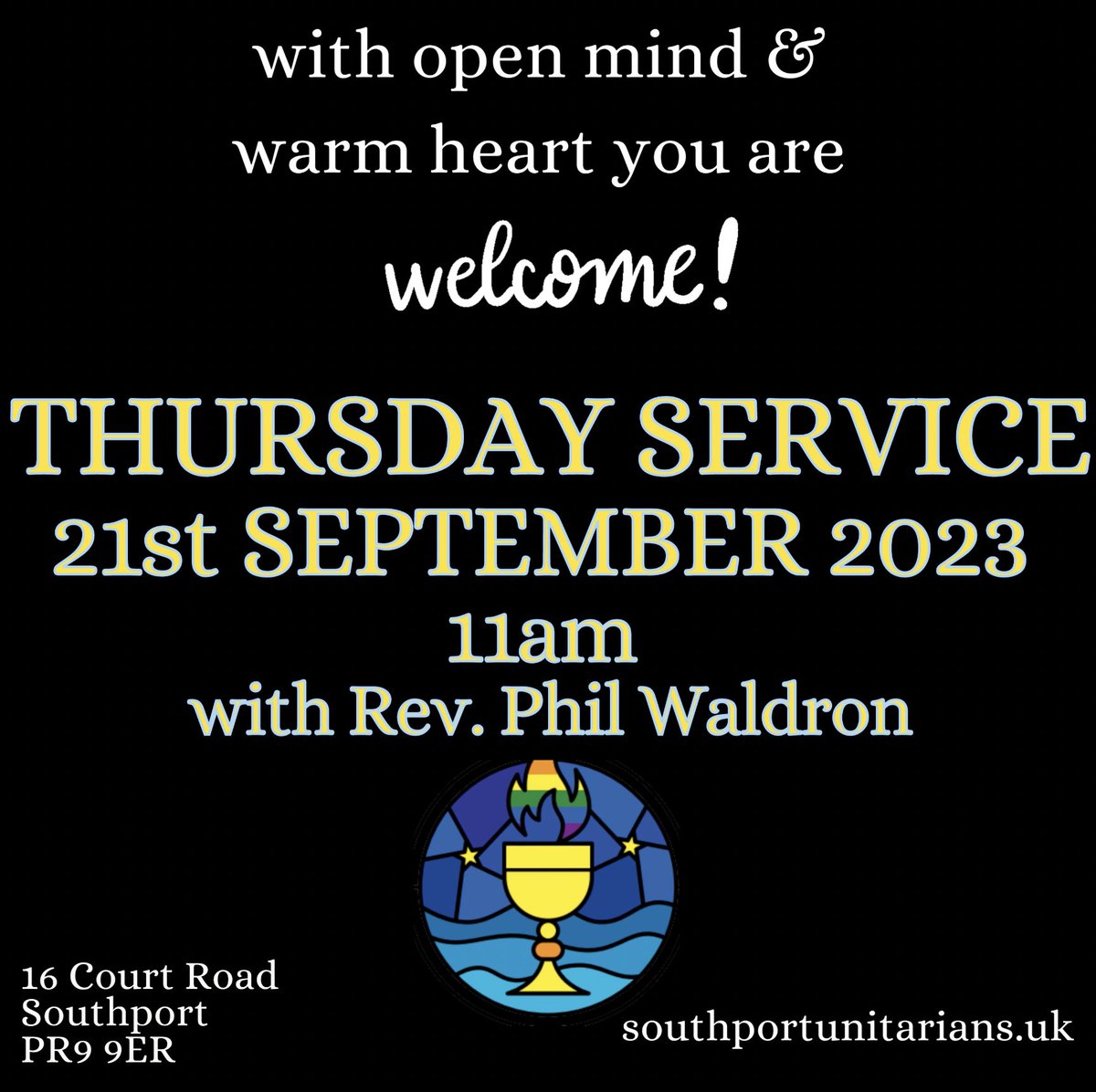 <a href="/SPortUnitarians/">SouthportUnitarians</a> , you are invited to bring a friend to church on Thursday 21st September, 11am ☕️☕️🍪🍪followed by the usual refreshments &amp; friendly conversation 💛we look forward to seeing you very soon 🧑‍🤝‍🧑 #southportunitarians #congregation #unitarian #community #conversation