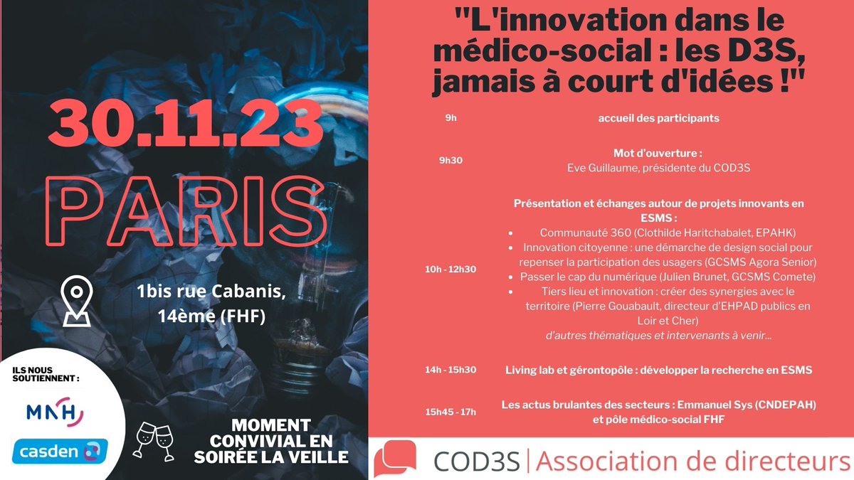 📅La journée nationale du <a href="/COD3S_national/">COD3S</a> aura lieu le 30 novembre prochain à Paris dans les locaux de <a href="/laFHF/">FHF</a>. Découvrez le pré-programme et ne tardez pas à vous inscrire !
✍️cod3s.net/collect/descri…