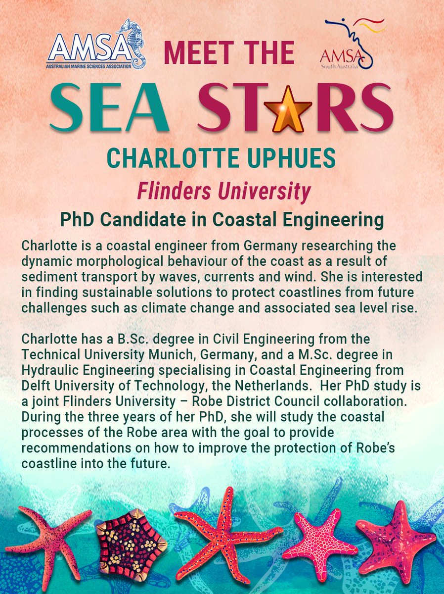 MarineScienceSA's tweet image. Come &amp;amp; meet the Sea Stars at Flinders University this Thursday 14 September!  

Charlotte Uphues will be presenting on her PhD Research on coastal processes in the Robe region, SA 🌊📊⚙️

Tickets are going quickly: bit.ly/3Kzuy8U