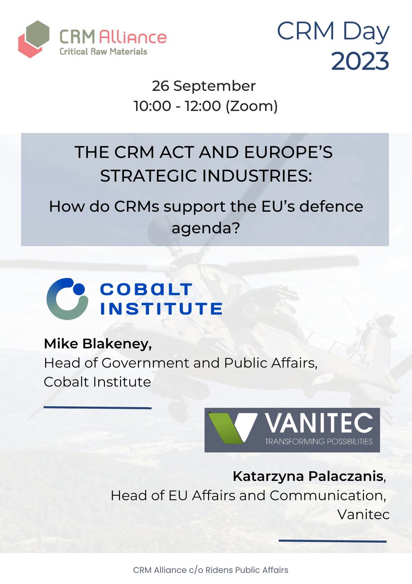 📢We are thrilled to announce the first panel of speakers for our webinar:
➡️ Mike Blakeney, Head of Government and Public Affairs <a href="/CobaltInstitut/">Cobalt Institute</a>
➡️ Katarzyna Palaczanis, Head of EU Affairs and Communication at <a href="/VanitecVanadium/">Vanitec</a>

Register here: lnkd.in/d7Xxh2_u