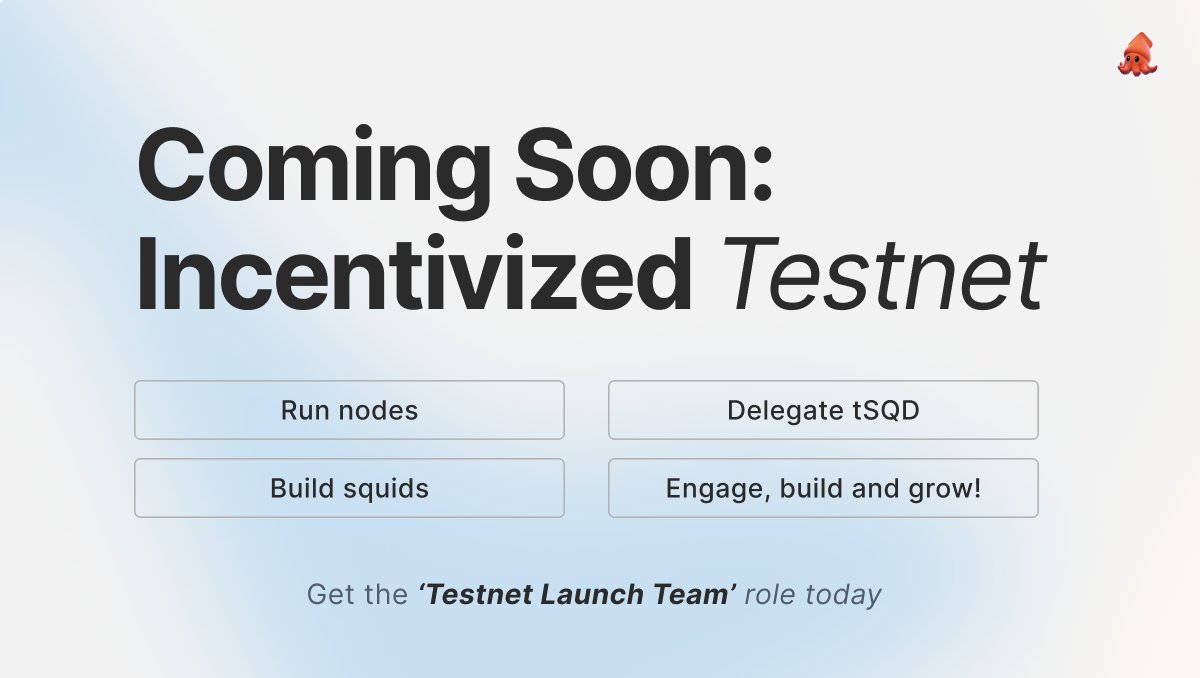 Our testnet is coming soon, and there will be something for everybody to do.

🚀 You can join the movement today!

Obtain the 'Testnet Launch Team' role on the Subsquid Zealy to get started: zealy.io/c/subsquid