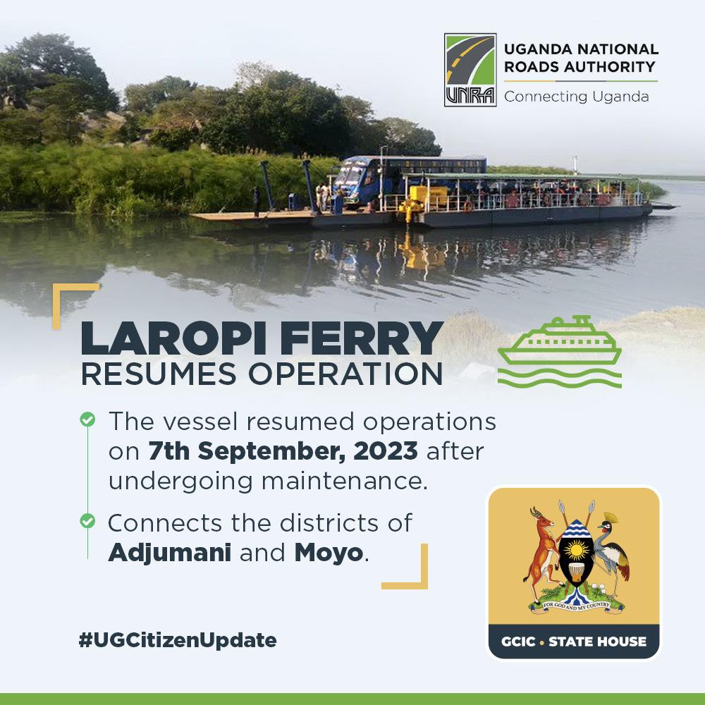 ⛴️After being out of service since August 21 for repairs, the #LAROPI vessel has resumed service. 

#UNRAworks
#UgCitizenUpdate