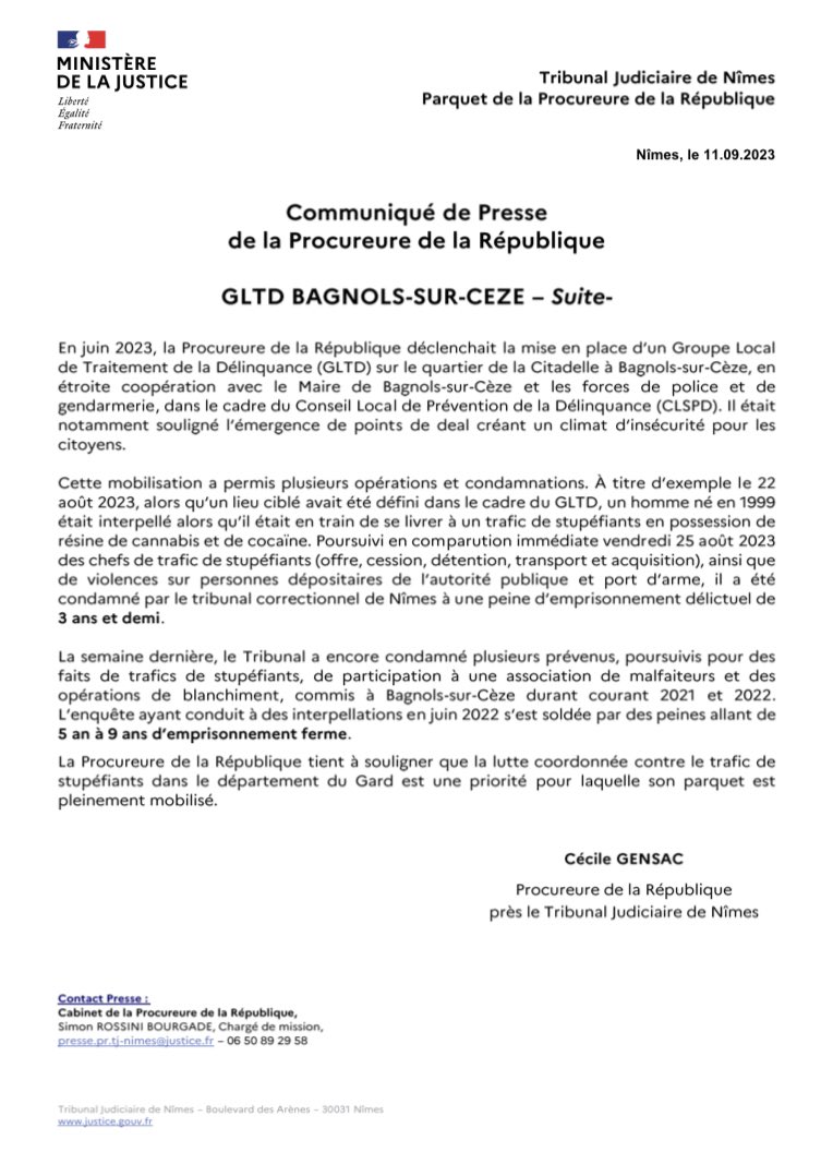 🗞️[Communiqué de presse] - GLTD Bagnols-sur-Cèze - Suites 

La Procureure de la République tient à souligner que la lutte coordonnée contre le trafic de stupéfiants dans le département du Gard est une priorité pour laquelle son parquet est pleinement mobilisé.
