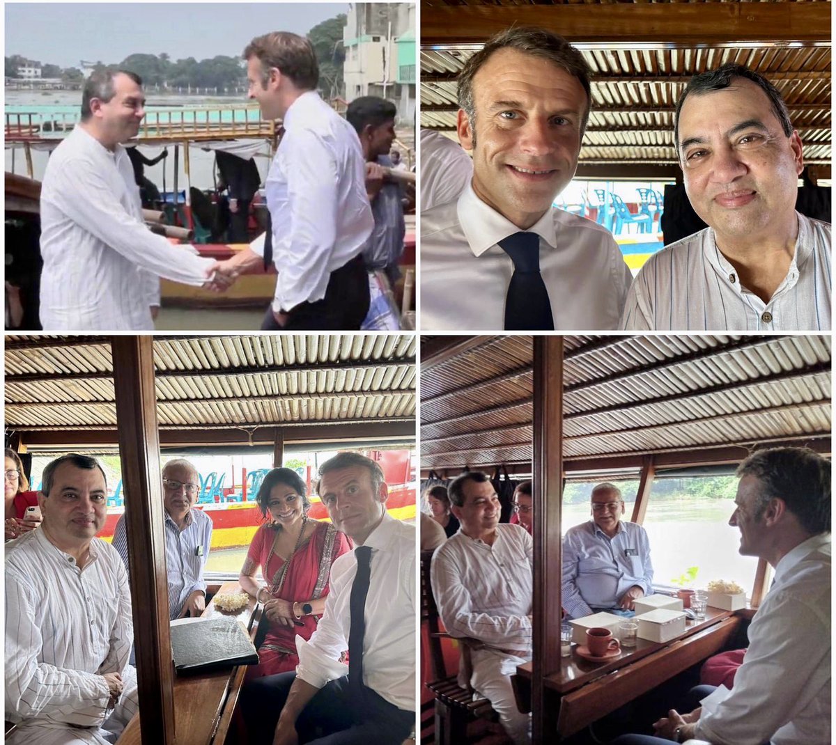 saberhc's tweet photo. Privileged to welcome, accompany @EmmanuelMacron on a boat ride & discuss how 🇫🇷 🇧🇩 can contribute to global solidarity on mitigation, adaptation and resilience building. @SaleemulHuq @runakhan_ed @MarieMasdupuy @SohanYouthNet https://t.co/2Bl5eSaHty