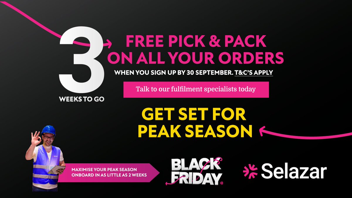 ⏰The Countdown is On!
Our unbeatable #BlackFriday offer ends in 3️⃣ wks. Sign up by 30 Sept for FREE pick &amp; pack on ALL your orders placed on Black Friday.*

Don't wait until its too late- secure your spot today with Selazar.
Book your demo👇
bit.ly/45IGFcv

*T&amp;C's apply