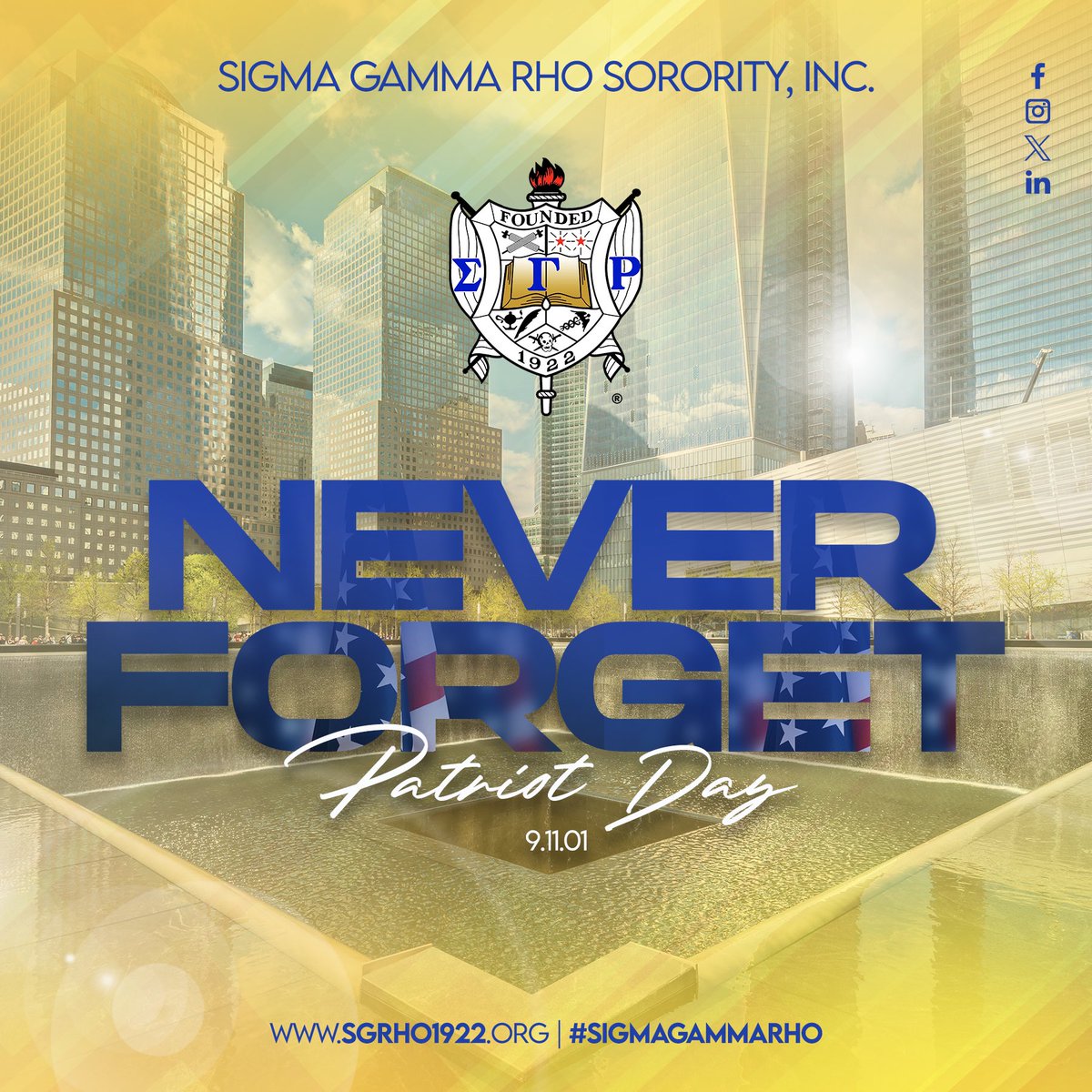 Sigma Gamma Rho Sorority,Incorporated joins the world by remembering September 11, 2001. 

May we never forget the lives that were lost and the heroic acts of service performed on this day. 

#NeverForget #September11 #SigmaGammaRho