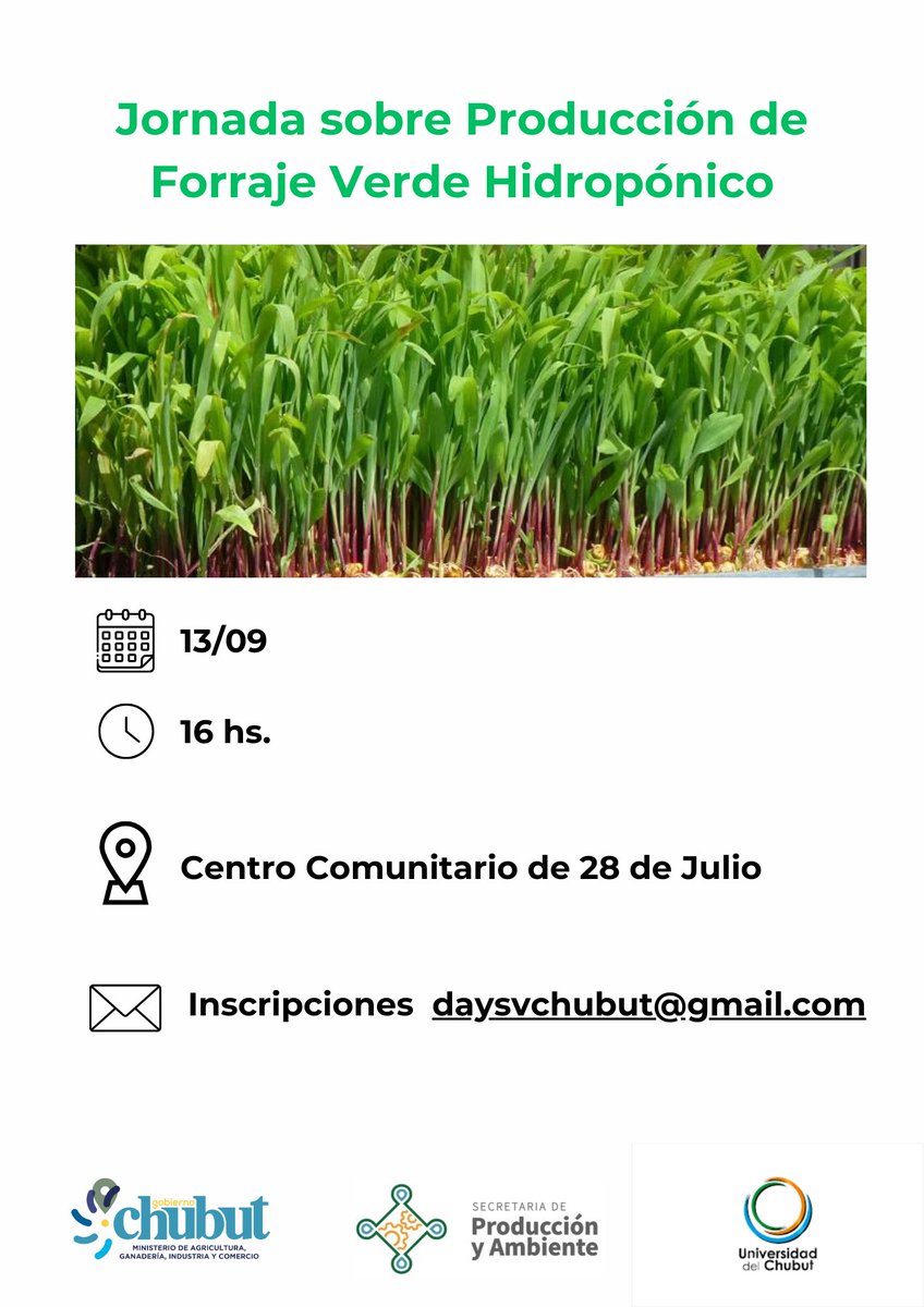 #agriculturasostenible
☘️Jornada sobre “Producción de Forraje Verde Hidropónico” en <a href="/Muni28deJulio/">Municipalidad de 28 de Julio</a> 
🗓️13/09
⏰16 hs.
📌Centro Comunitario de 28 de Julio
Inscripciones en 📩 daysvchubut@gmail.com