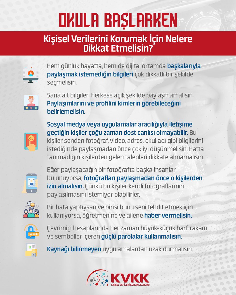 ❗Sevgili veliler; kıymetli çocuklarımıza, kişisel verilerini korumak için nelere dikkat etmeleri gerektiğini hatırlatmayı ihmal etmeyelim.

#OkulaBaşlarken
#OkullarAçılıyor