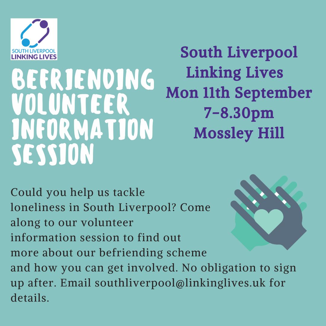 Could you help us tackle #loneliness in South #Liverpool? If you'd like to find out more about #volunteering for us, we'd love to have you join us for our training & information session tonight. Free tea and biscuits included, and no obligation to sign up after! #volunteer